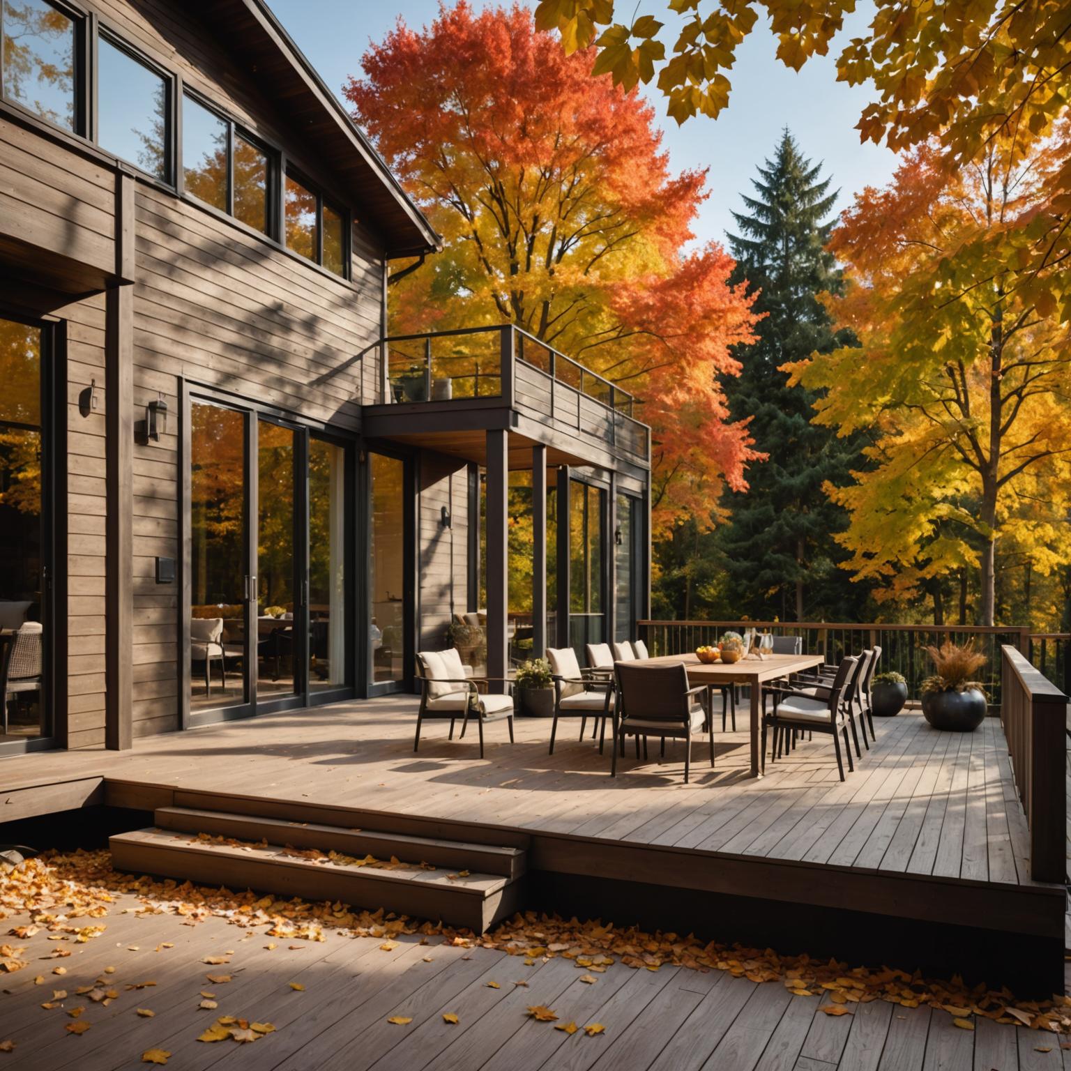 Weathered cedar deck in autumn