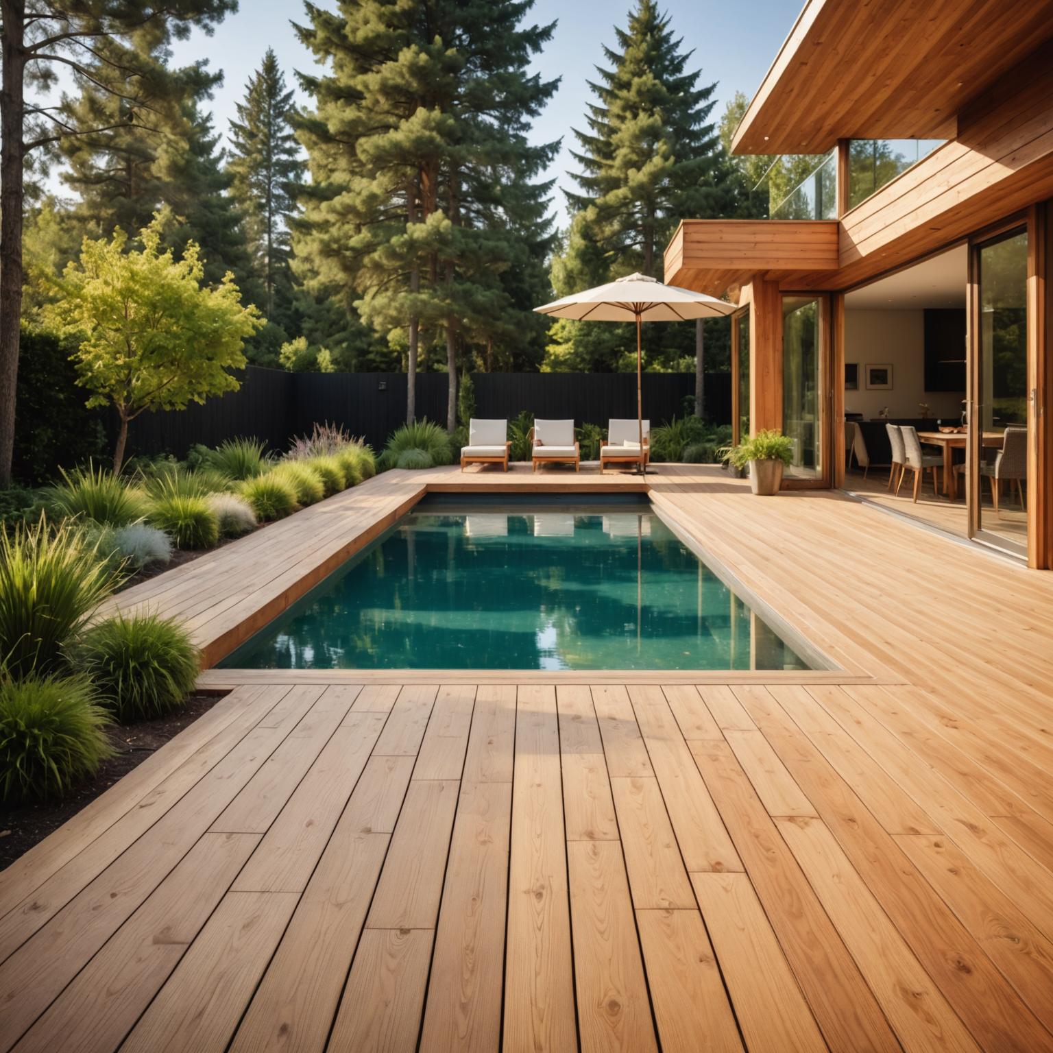 Pine deck overlooking a residential garden pool