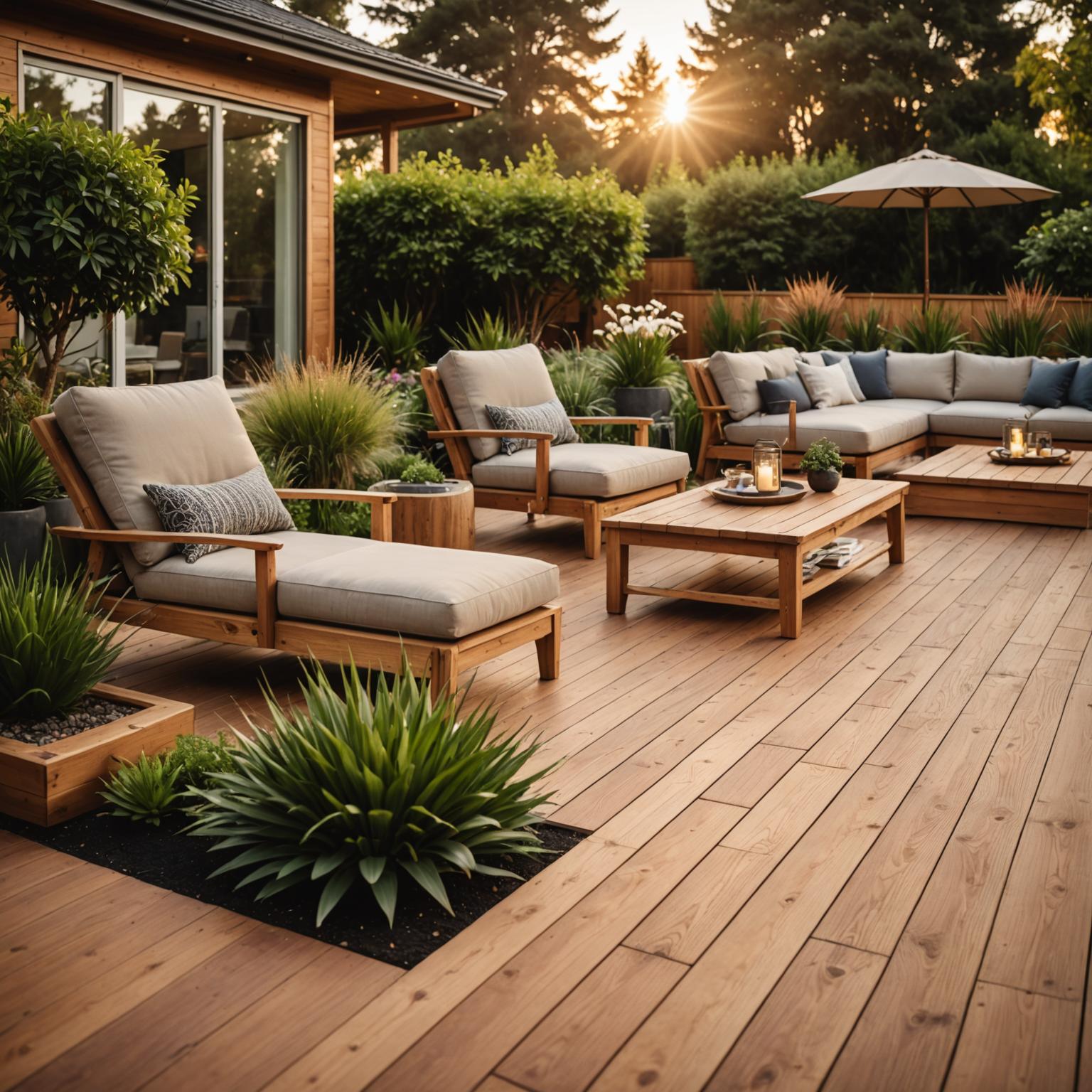 Outdoor pitch pine deck at twilight overlooking a modern Pacific Northwest home