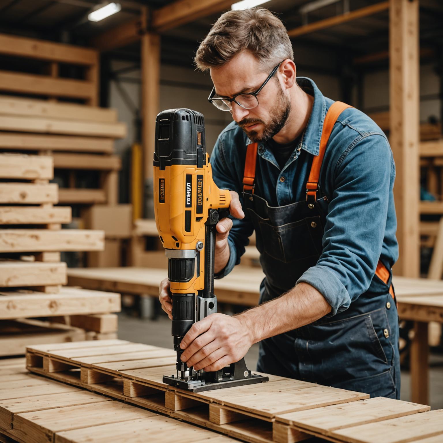 Worker assembling a pine pallet on the production line