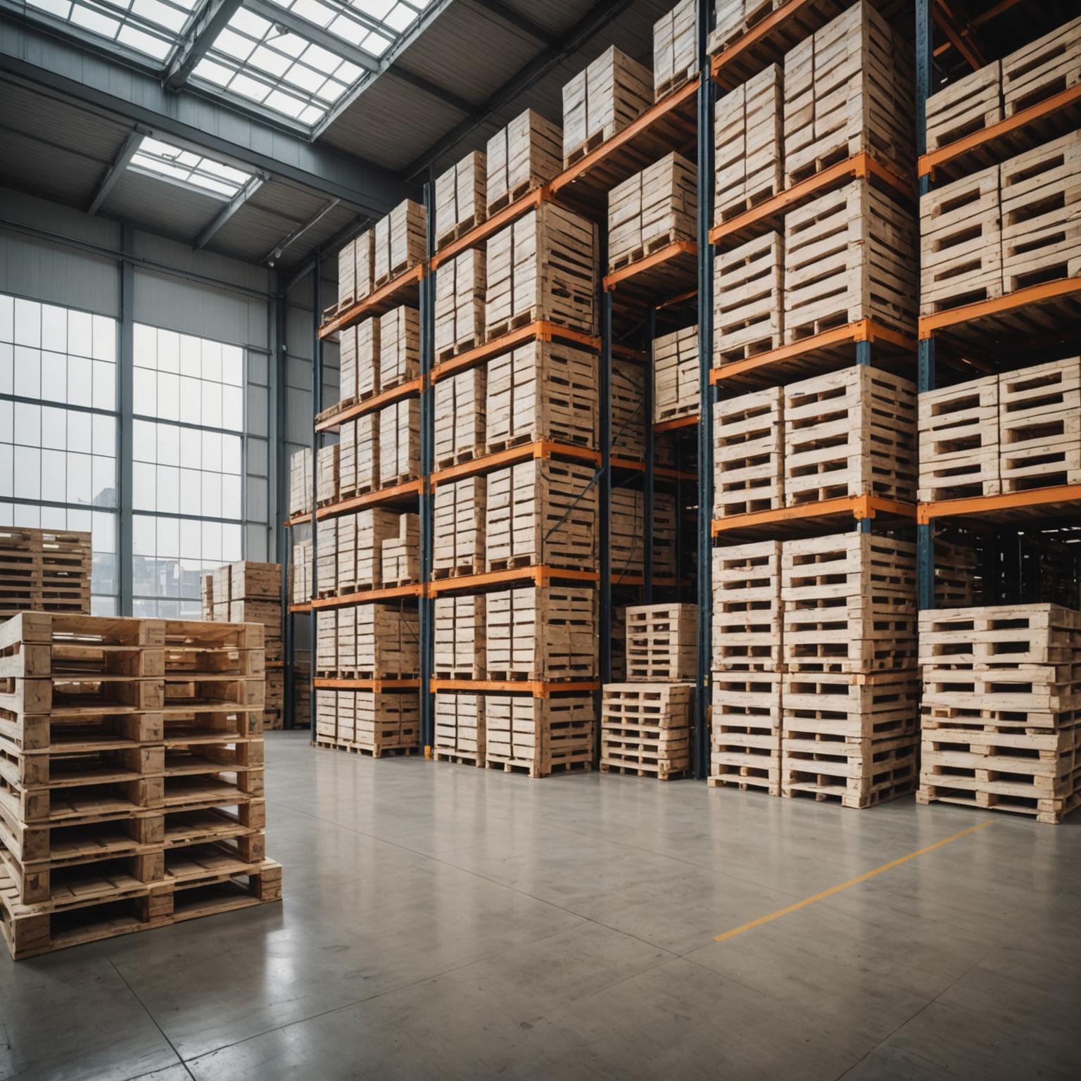 Stack of new pine pallets in a warehouse