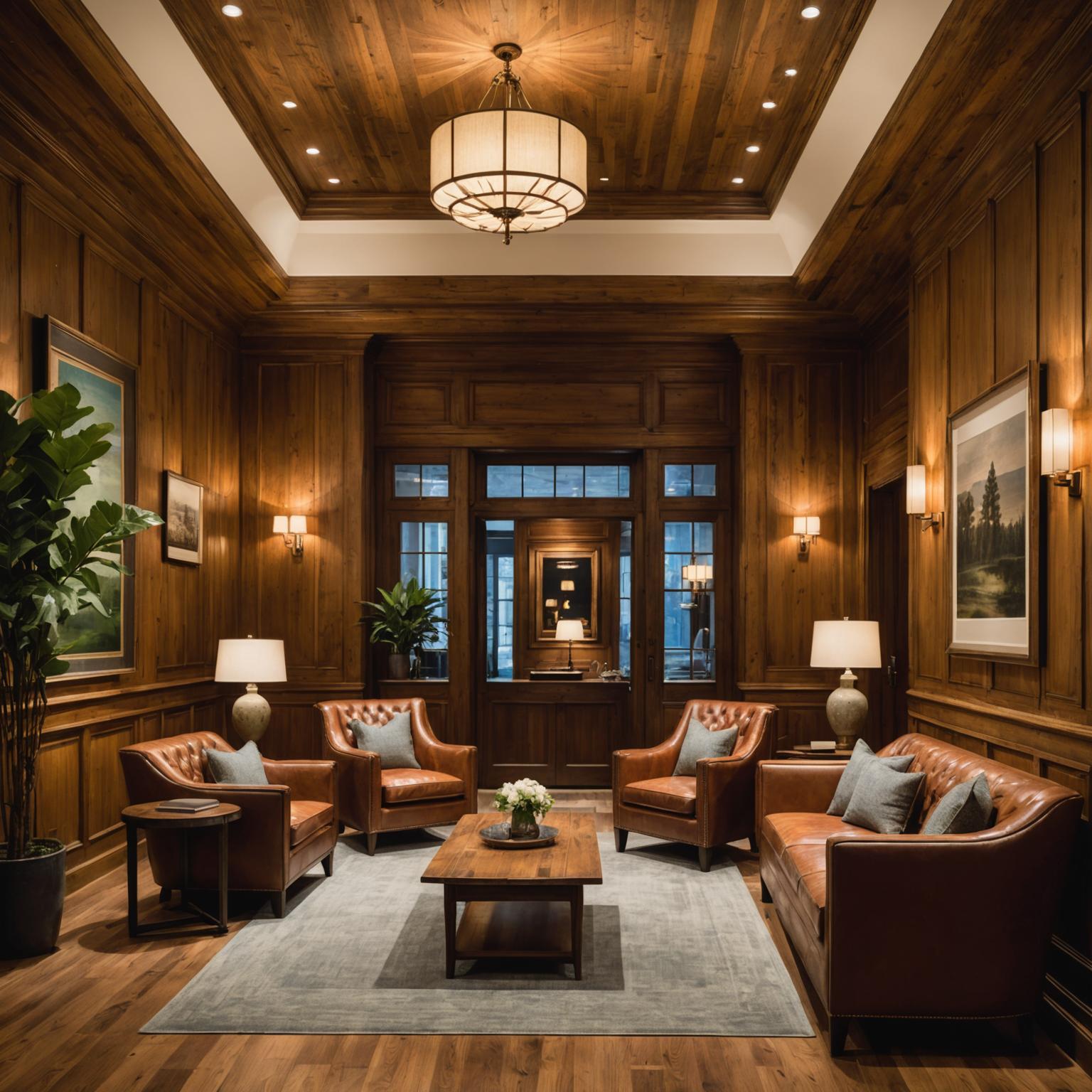 Boutique hotel lobby with reclaimed pine paneling