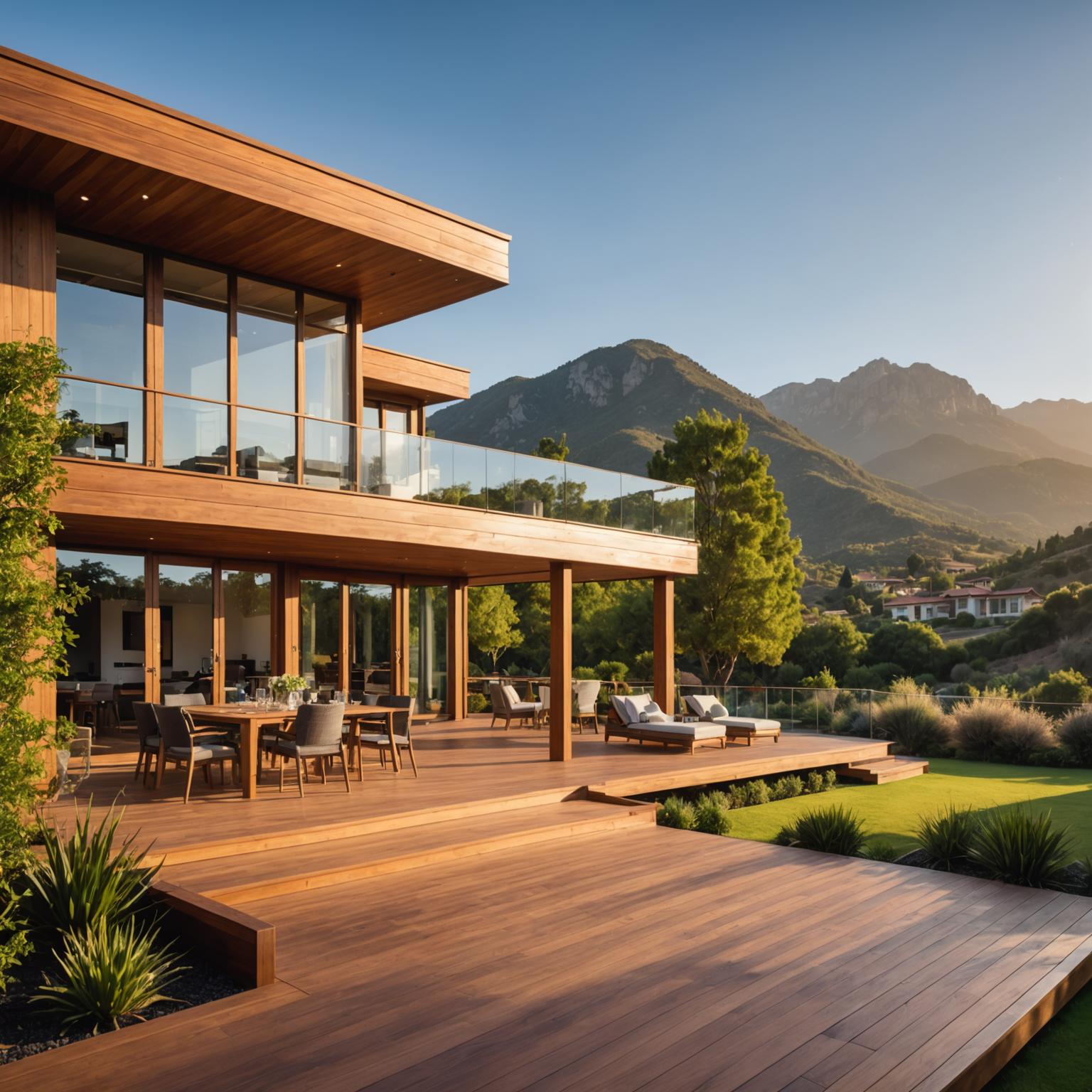 Hillside villa with timber deck overlooking the mountains