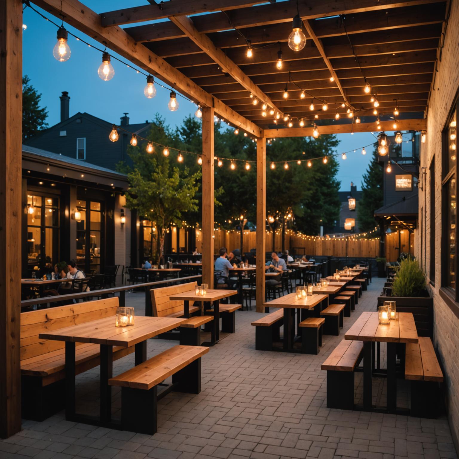 Restaurant patio with custom timber tables and string lights