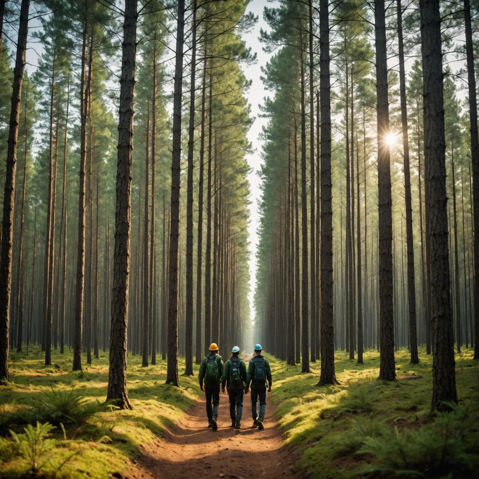 Foresters walking through a managed pine plantation